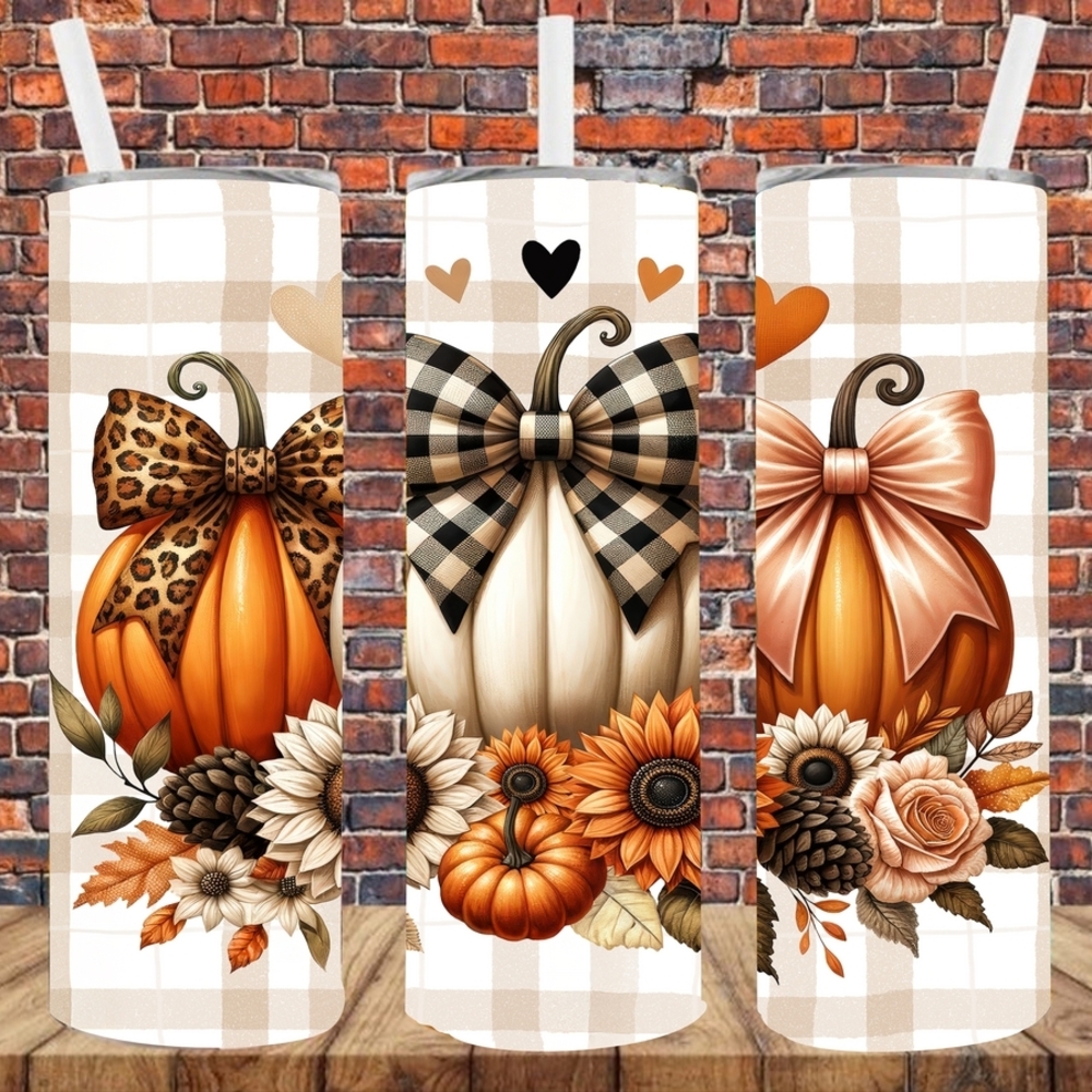 Sublimation White Tumbler with Black Buffalo Check Bow and Orange Sunflowers